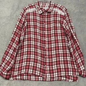 2/$10 Kim Rogers Womens Shirt Extra Large Red Plaid Lace Roll Tab Sleeve Top